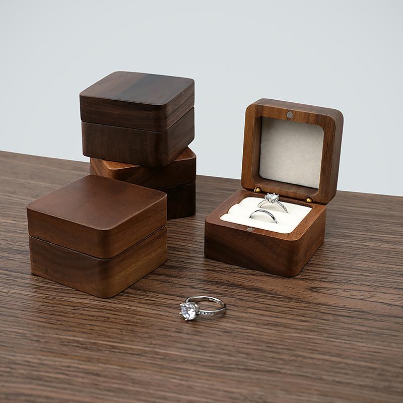Square Wooden Ring Box for Couple - Walnut Engagement Ring Case, Wedding Jewelry Gift Box Organizer