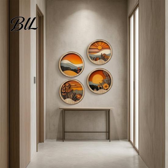 Warm Wood Grain Art 4 Pcs Boho Wall Art, Bohemian Sunset Mountain Plant Decor, Wooden Natural Tone Round Circle Hollow Out Farmhouse Hanging Ornament