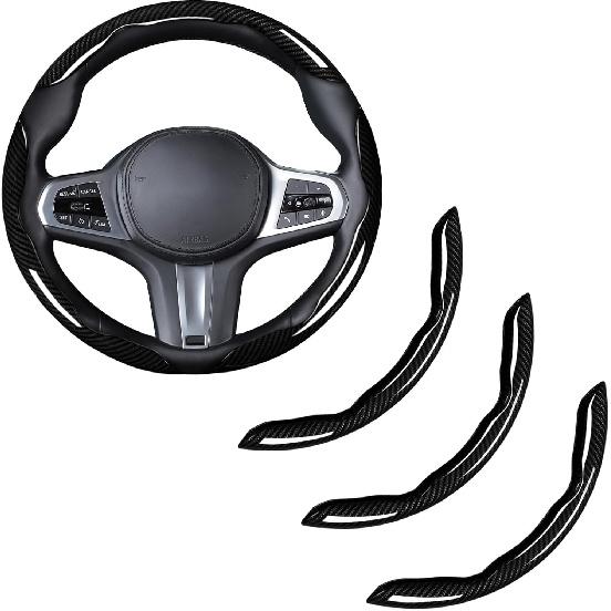 Carbon Fiber Steering Wheel Cover, Snap On Car Steering Wheel Cover Set Accessories 3Pcs Wrap Grip Non Slip Protector Universal Glossy Black