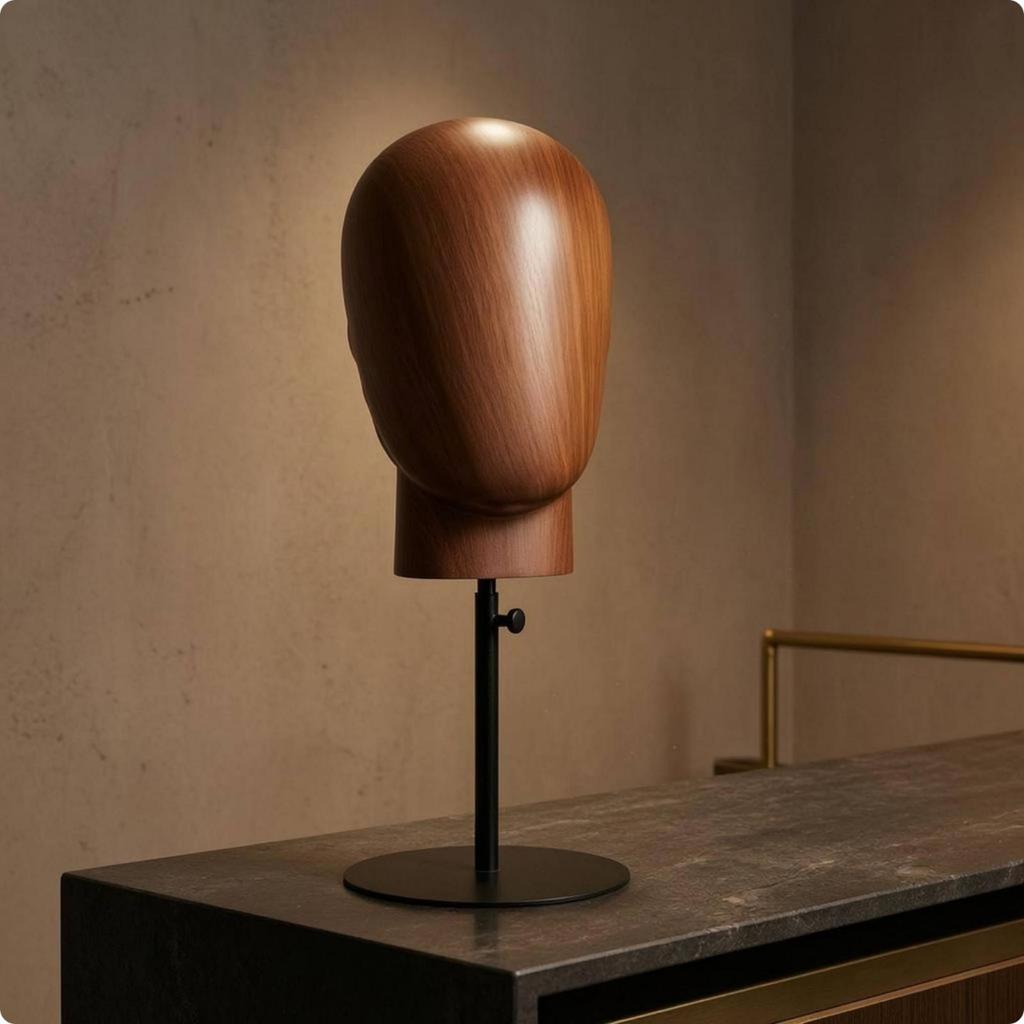 Head-Shaped Display Stand Adjustable Height Hairpiece Wood-Grain Finish