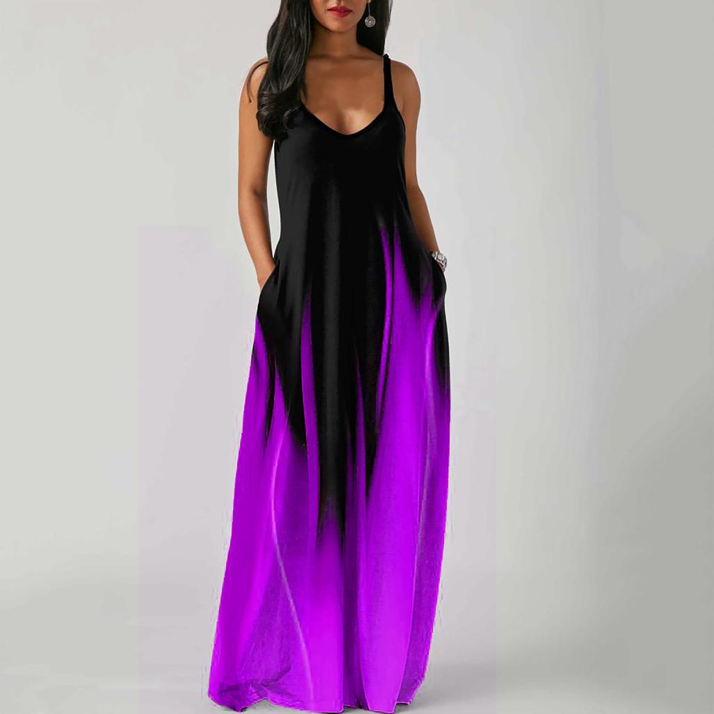 Women Summer Spaghetti Strap A Line Loose Long Gradient Print Dress Plus Size