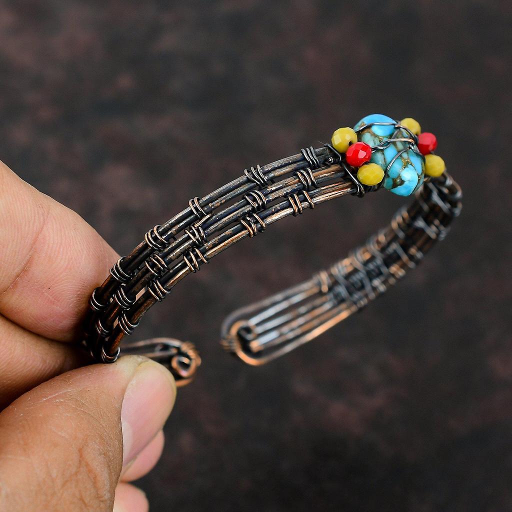 Медно-голубой бирюзовый браслет-манжета с желтыми и красными коралловыми бусинами, браслет из медной проволоки, регулируемый браслет-манжета с драгоценными камнями