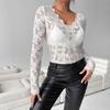 Women's Elegant V-neck Scalloped Collar Edge Single Layer Solid Colour Lace Long-sleeved Slim Thin T-shirt