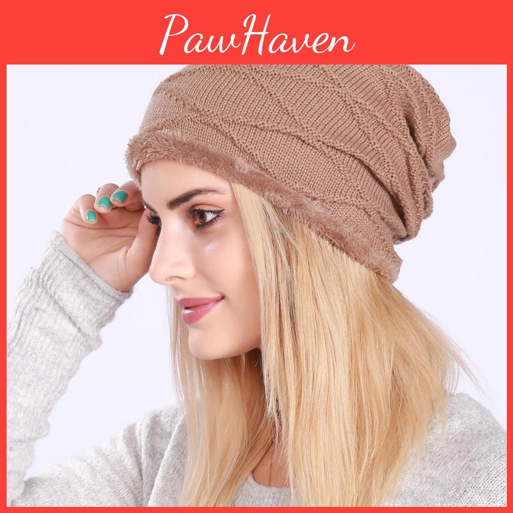 Plush Womens Autumn Winter Pleated Pullover Knitted Wool Wavy Moon Ear Protection Hat