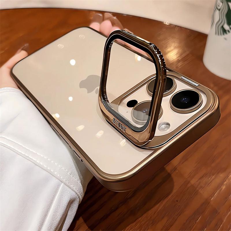 Fold Glass Lens Stand Holder Clear Case For iPhone 18 17 16 15 14 13 12 Pro Max Plus Plating Camera Protection Shockproof Cover
