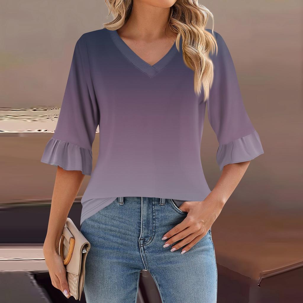 Женский повседневный топ с рукавами 3/4, летняя футболка с v-образным вырезом и пышными рукавами