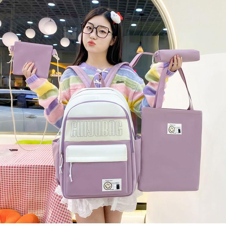 New Contrast Colors College Junior High School Backpack Large Capacity Elementary School Four-piece School Bag Commuter Light Backpack