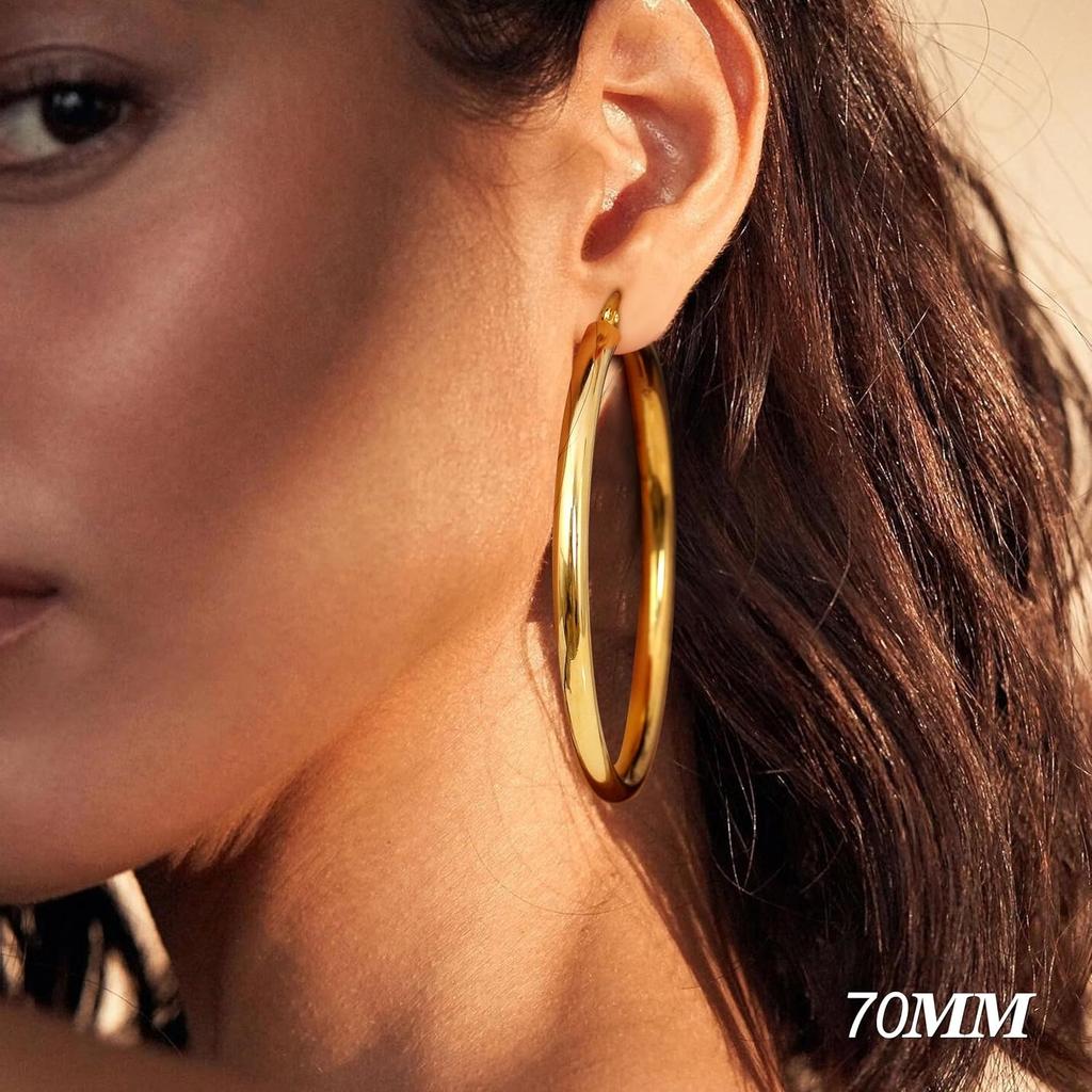 14K Chunky Gold Plated Hoop Earrings for Women 925 Sterling Silver Post Hollow Tube Hoops Earrings 4mm Thick Hoop Earrings Hypoallergenic