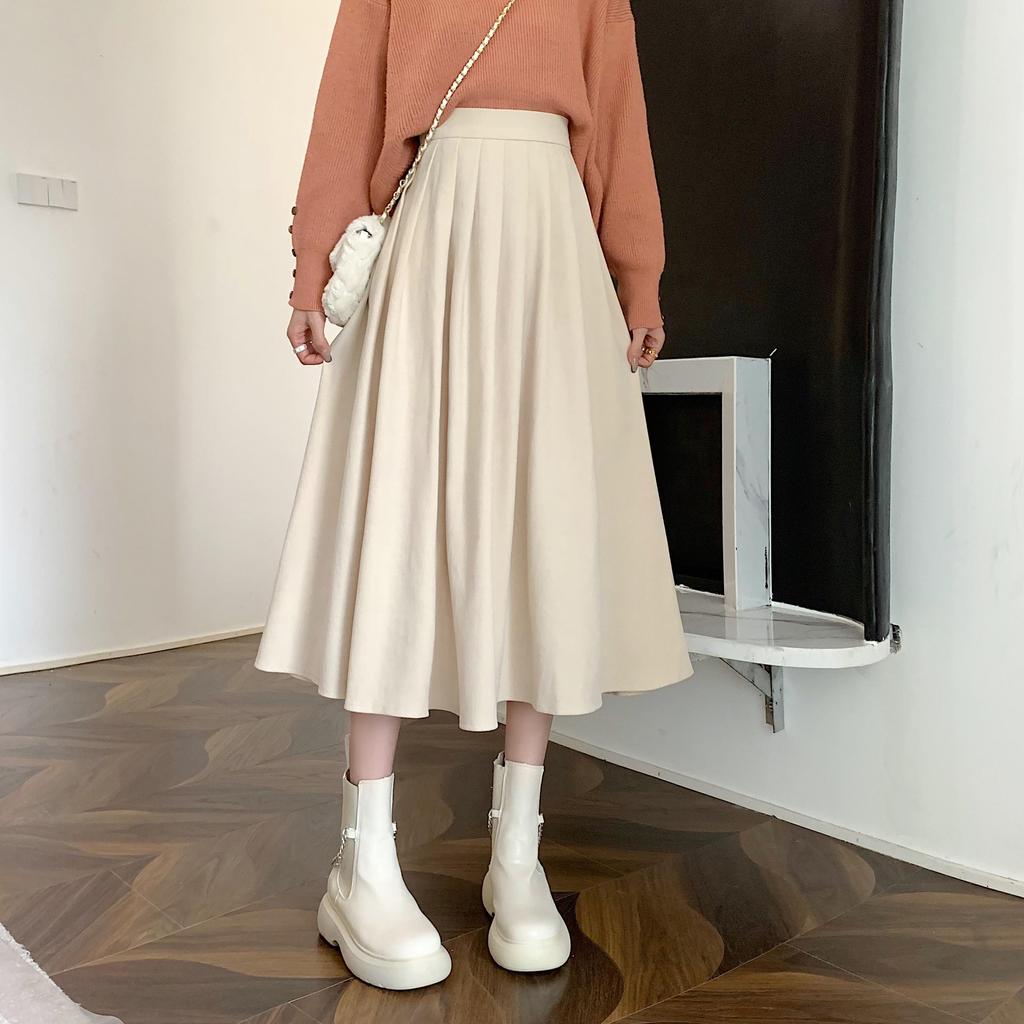 Korean Style Women's Midi Skirt Autumn High-Waisted Corduroy Long Skirt Women College Style Pleated A-Line Skirts