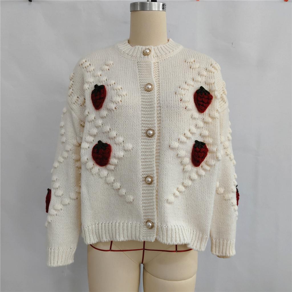Осень и зима крючком вышивка объемная клубника жареные пончики жемчужная пуговица вязаный свитер кардиган пальто 3520 EMA