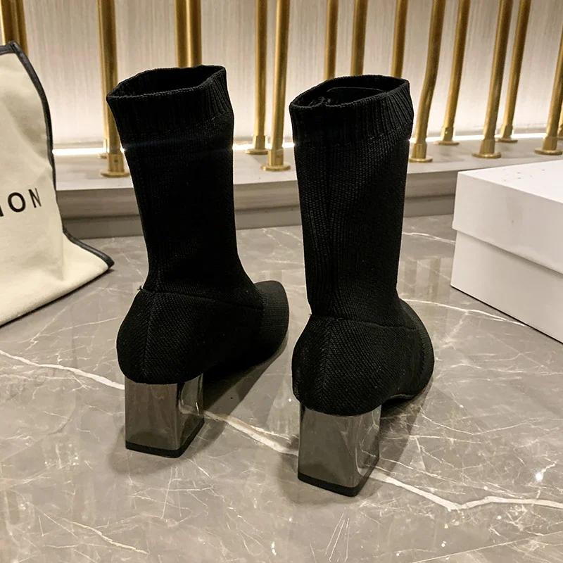 Knitted Women's Ankle Boots 2024 Winter New Fashion Shoes for Women Pointed Toe Elasticity Chunky Heel Sock Short Boots Zapatos