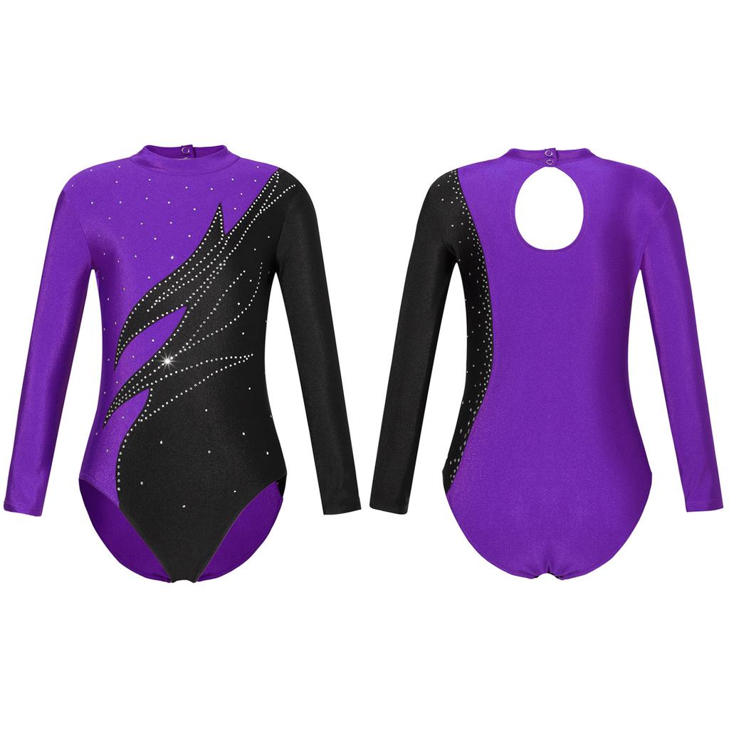 Гимнастический купальник с длинными рукавами для девочек, боди для спортивных танцев с блестящими бусинами и пламенем