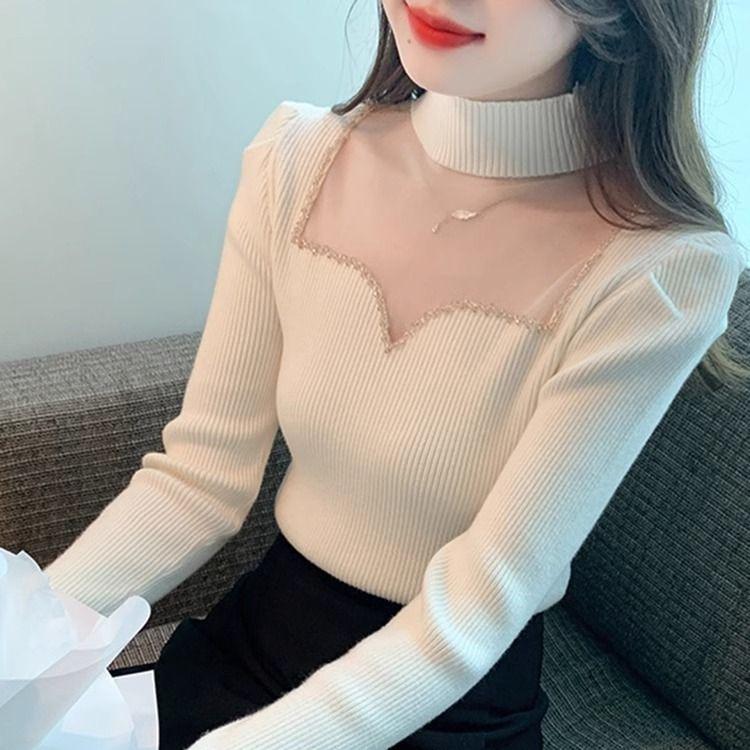 Сетчатая модная рубашка с полувысоким воротом для женщин, осень-зима, корейская версия, облегающий универсальный свитер, вязаный топ