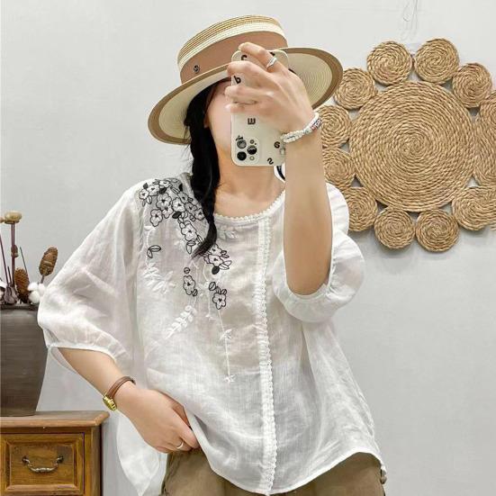 Женские топы с круглым вырезом и рукавами, вышитая футболка с цветочным узором, однотонная футболка, свободная рубашка, уличная одежда