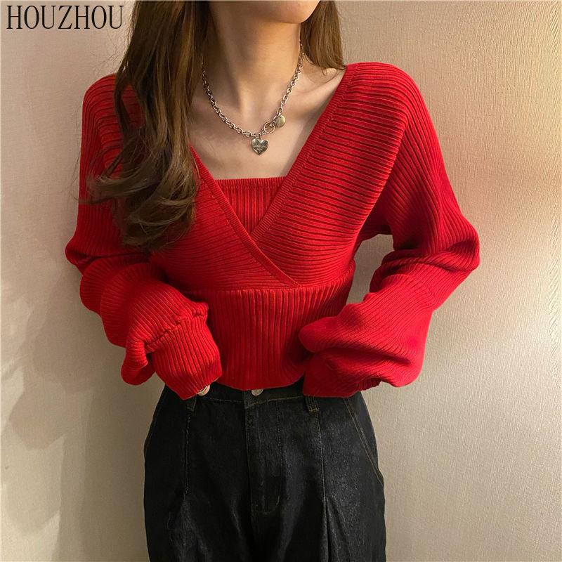 Дизайнерский вязаный свитер, весна-осень, рубашка с квадратным воротником, модный универсальный короткий свитер, топ с объемными рукавами