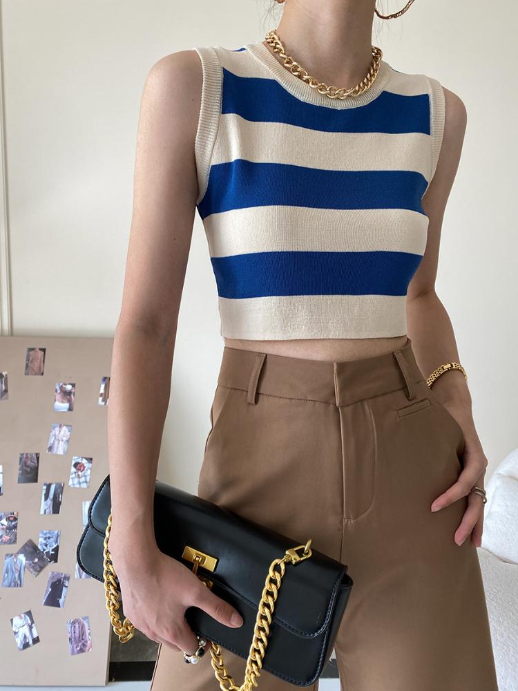 Сексуальная женская майка в рубчик, летние укороченные топы без рукавов в полоску с круглым вырезом, уличная винтажная корейская модная рубашка, жилет, одежда Y2K