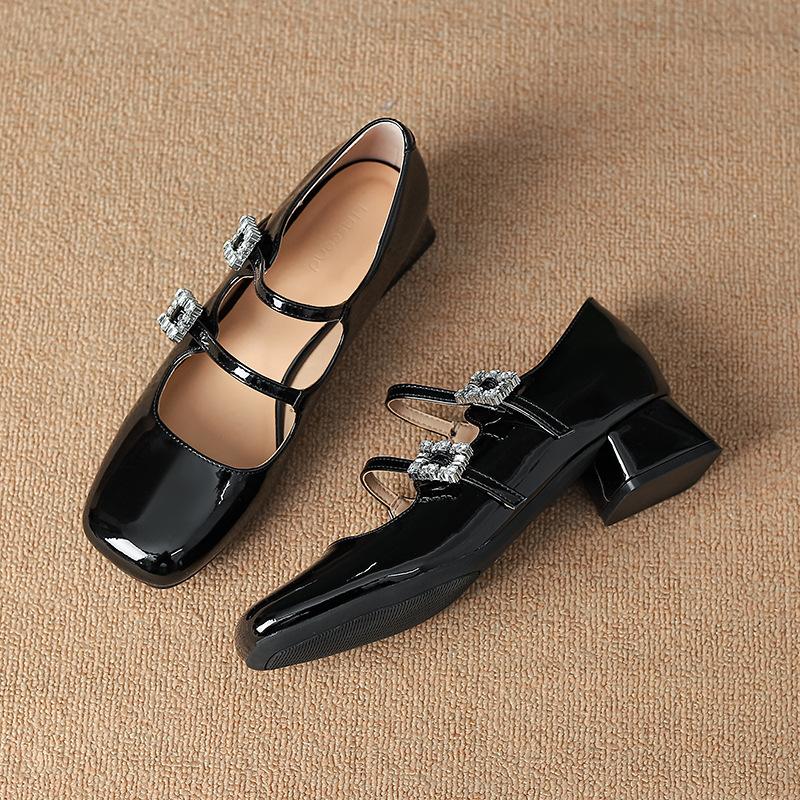 Patent Leather Women High Heel Shoes Retro Thick Heel Female Pumps 2024 Brand Shoes Female Buckle Strap  Solid Classics Pumps