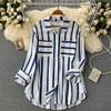 Women's Spring Fall Plus Size Blouse Casual Striped Tops Lady Button Up Lapel Long Sleeve Pocket Loose Shirt