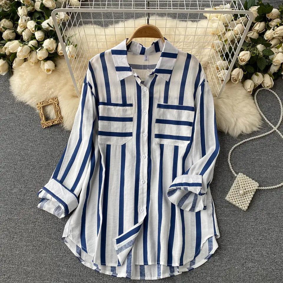Women's Spring Fall Plus Size Blouse Casual Striped Tops Lady Button Up Lapel Long Sleeve Pocket Loose Shirt