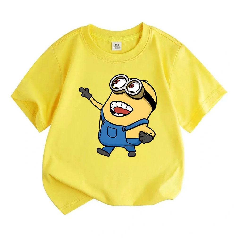 Kids Boys Girls 100% Cotton O-neck Short Sleeve T-Shirt, Cute Cartoon Yellow Minion Character Print Casual Soft Breathable Summer Daily Tee Tops for C
