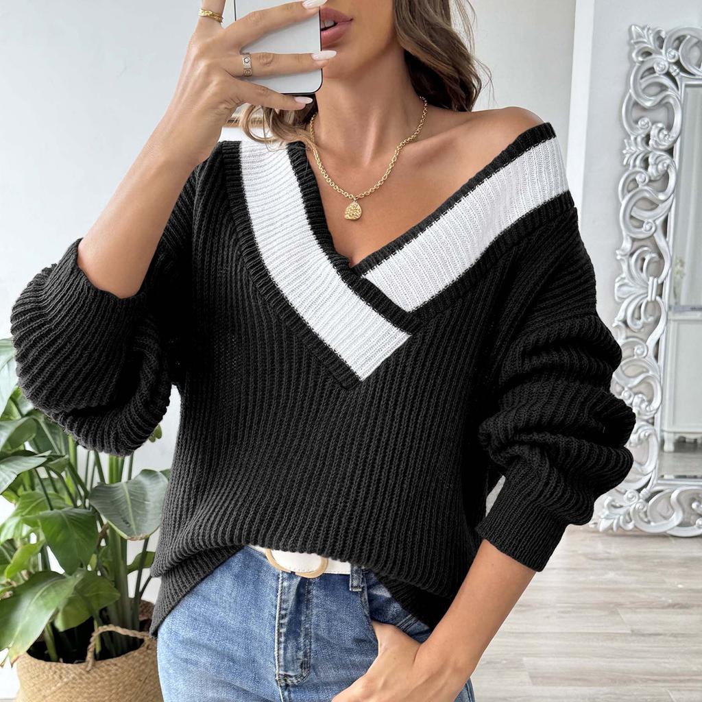 Женский свободный свитер контрастного цвета в стиле пэчворк с большим v-образным вырезом, пуловер, свитер