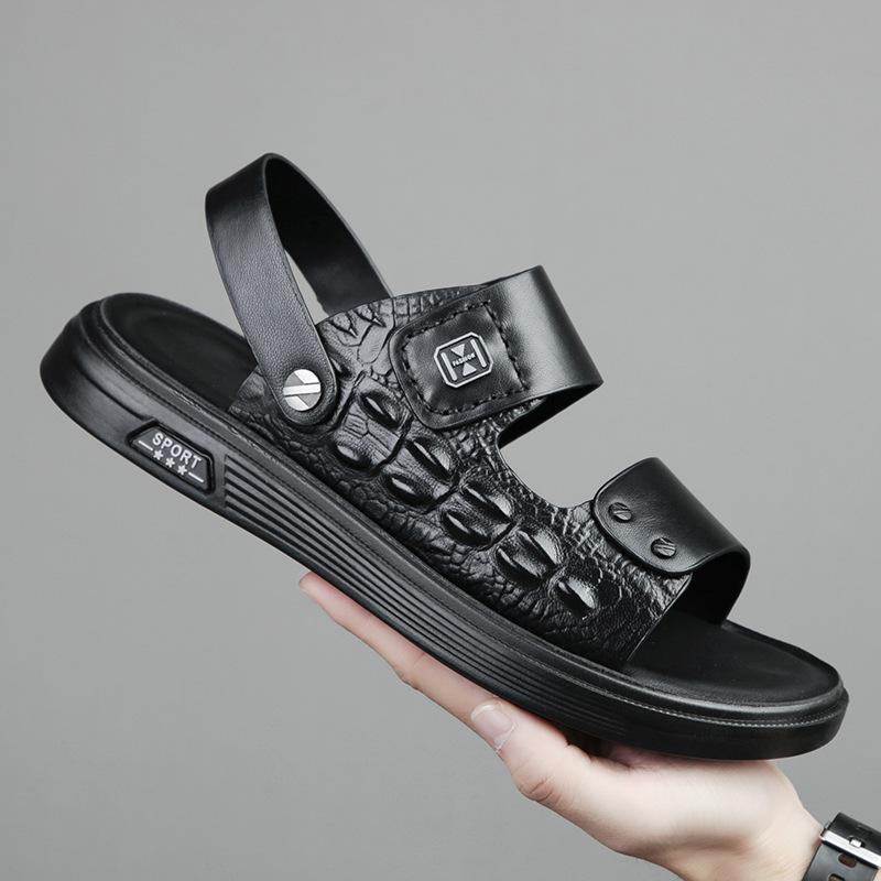 Summer first layer sheepskin men's sandals leather outdoor beach shoes fashion dad men's leather sandals men's slippers