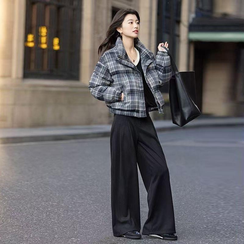 Padded clothes women's short padded jacket stand-up collar plaid jacket padded clothes small men new winter