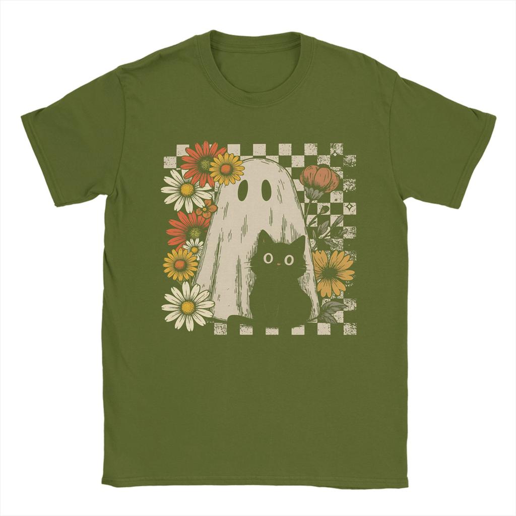 Boho Floral Fall Ghost Cat Halloween T Shirt Summer Hippie T-Shirts Mens Cotton O Neck Oversize Tees Short Sleeves Tshirt