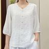 Vintage Embroidery Cotton Linen V-neck Mid Sleeve Casual Fashionable Loose Fit Women's Clothing Summer High End