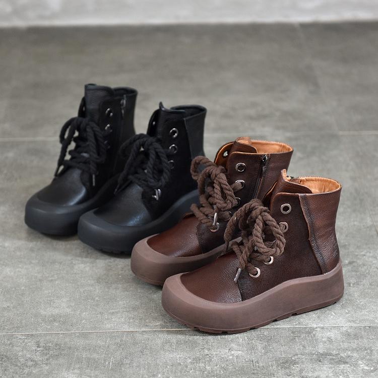 Johnature Ретро-ботинки из натуральной кожи, короткие, на шнуровке, на толстой подошве, плюшевые, теплые, хлопковые, женская обувь