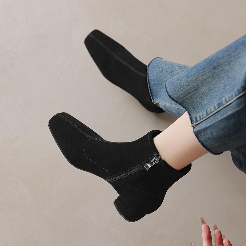 Krazing Pot Cow Suede Winter Med Heels Chelsea Boots Square Toe Women Zipper Size 43 Ankle Boots