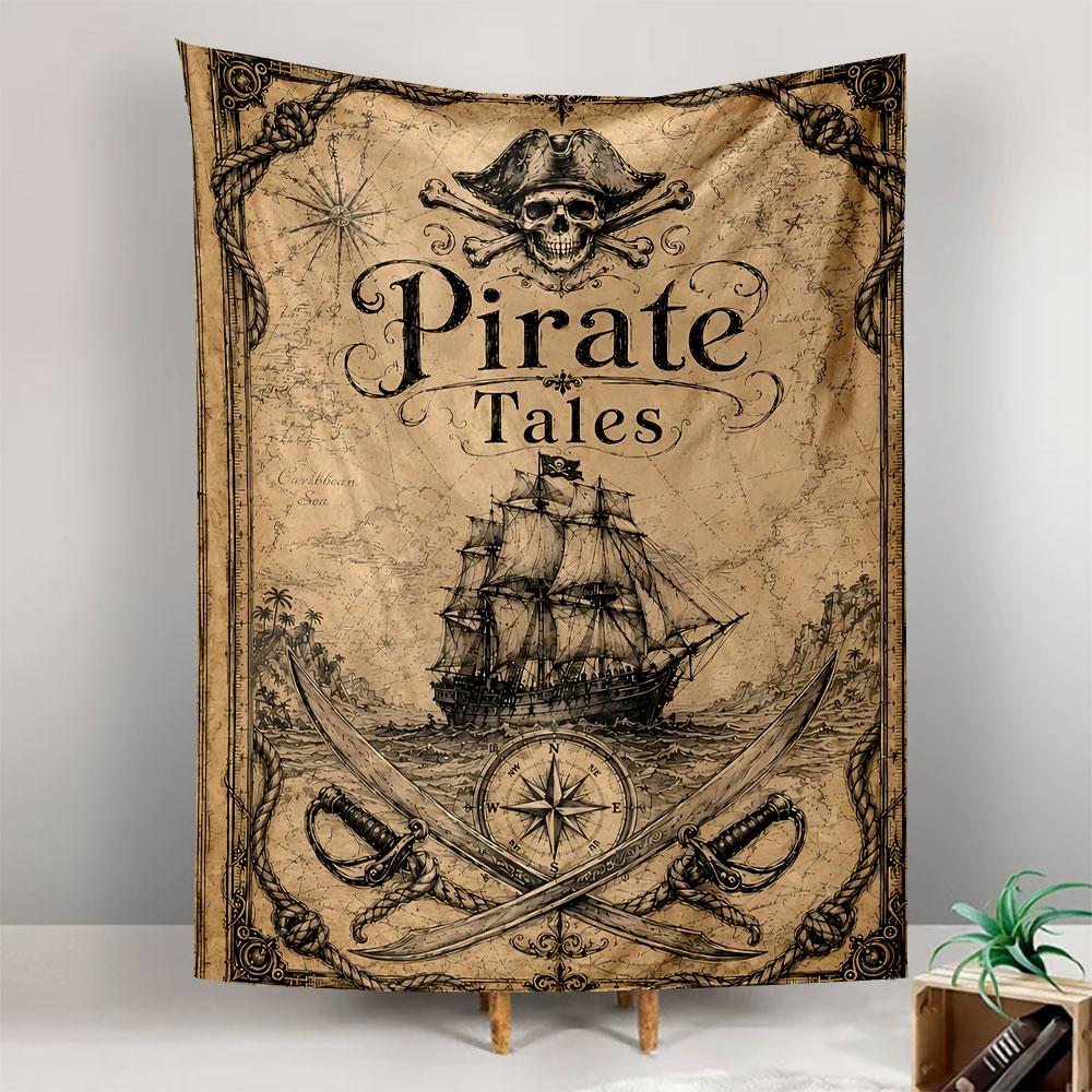 Pirate Tales Tapestry Wall Hanging, Swashbuckling Adventure Ship Art, Nautical Cartoon Wall Decor for Kids Bedroom Playroom