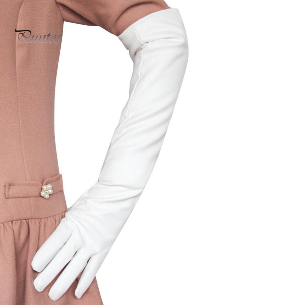 Fashion Lady Solid Color Faux Leather Full Finger Long Arm Gloves Stage Mittens