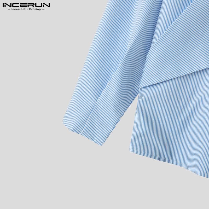 INCERUN Men Long Sleeve Front Cross Irregular Layers Patchwork Striped Casual Cape Shirts