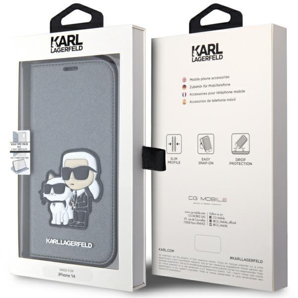 Etui do iPhone 14 Karl Lagerfeld Silver Saffiano Karl & Choupette