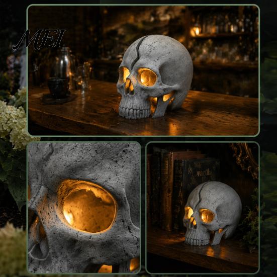 Decorative Solar Stakes for Lawns Cracked Skull Garden Light, Resin Halloween Pathway Lamp Outdoor Fairytale Accents Yard Patio Flower Bed, Waterproof