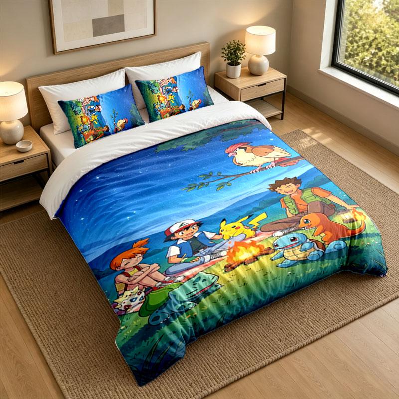 3Pcs Bedding SetPokémon Soft Bed Sheet and Two Pillowcases Home Bedroom Decor