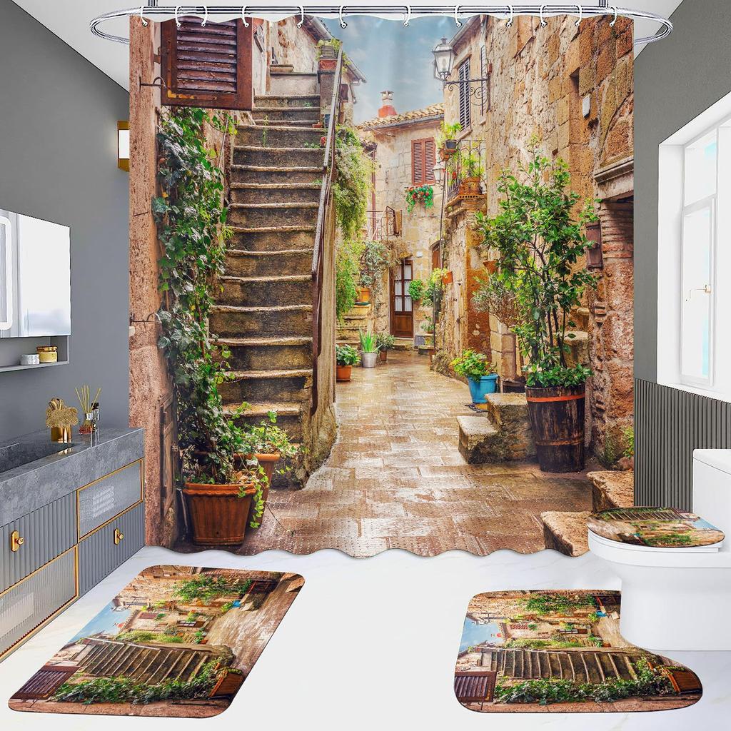 4 шт., наборы занавесок для душа в европейском стиле с архитектурой замка Мандала для ванной комнаты, нескользящие коврики для ванной комнаты, крышка для унитаза, коврик для ванной
