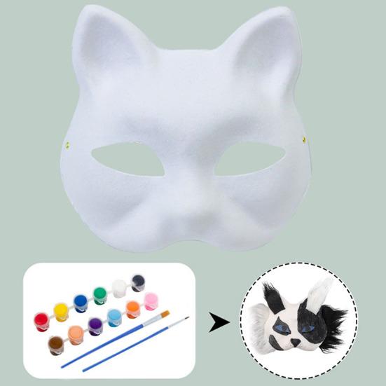 Cat Masque DIY Set White Paper Cat Masque with Eye Mesh Faux Fur Unfinished Cat Masque for Kids Adults DIY Painting