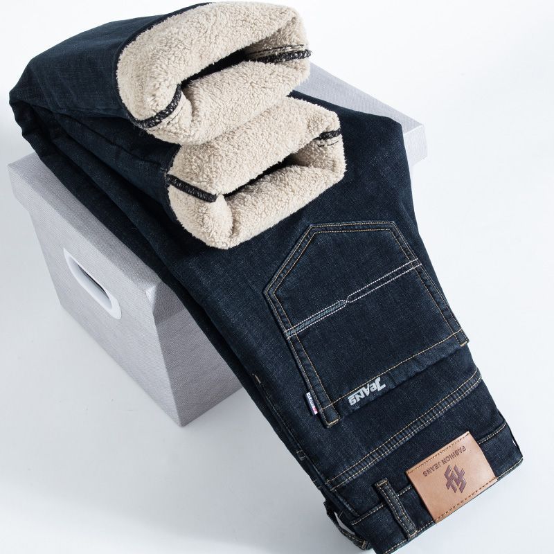 Зимние брюки из ягнячьего бархата плюс бархат, толстые, мужские джинсы, теплые, свободные, прямые, повседневные, стрейч, больших размеров