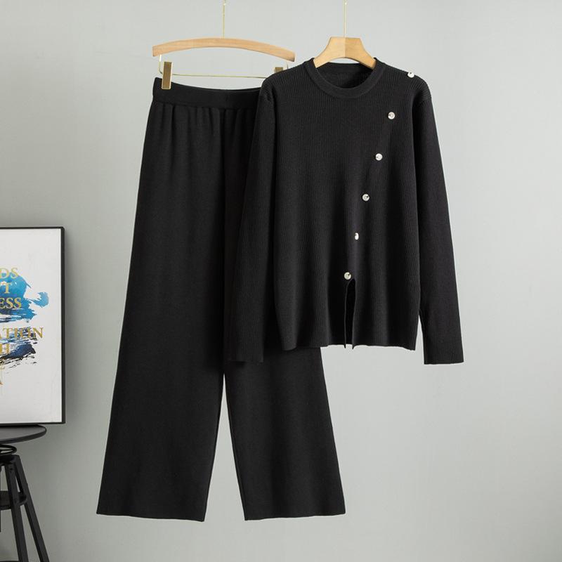 Plus Size Women's Spring New Fashion Knit Retro Casual Wide Leg Pants Two Piece Set