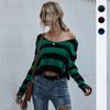 Винтажная мода элегантный повседневный женский осенний полосатый V-образный вырез свободный короткий трикотажный свитер женский с длинными рукавами сексуальный