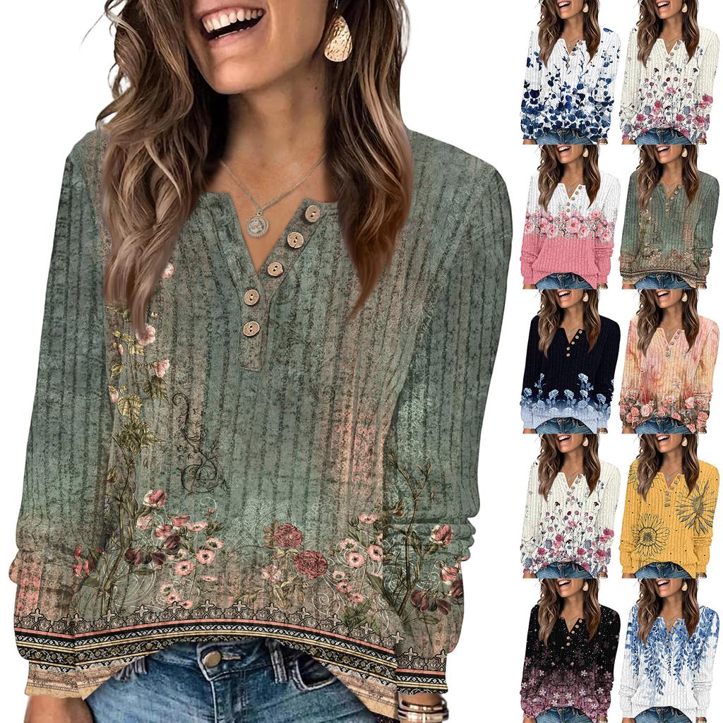 Женская модная футболка с V-образным вырезом на пуговицах и цветочным принтом, топ с длинными рукавами