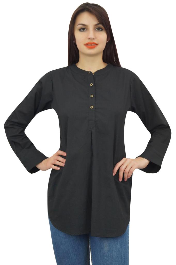 Phagun Женская летняя туника со складкой-коробкой, с длинным рукавом, черная, повседневная блузка