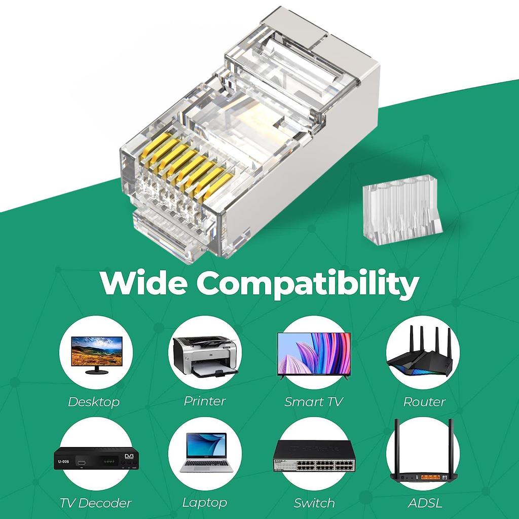 HET HONKENT LAN RJ45 Connector with Load Bar and Metal 8P8C Cat5 LAN Cable Connector Connector, Shield, STP, CAT6, Cat5e, Compatible, (STP-100PCS)