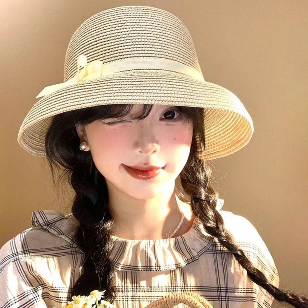 Beach Bow Straw Cap Hepburn Visor Basin Cap New Bucket Sun Hat  Travel