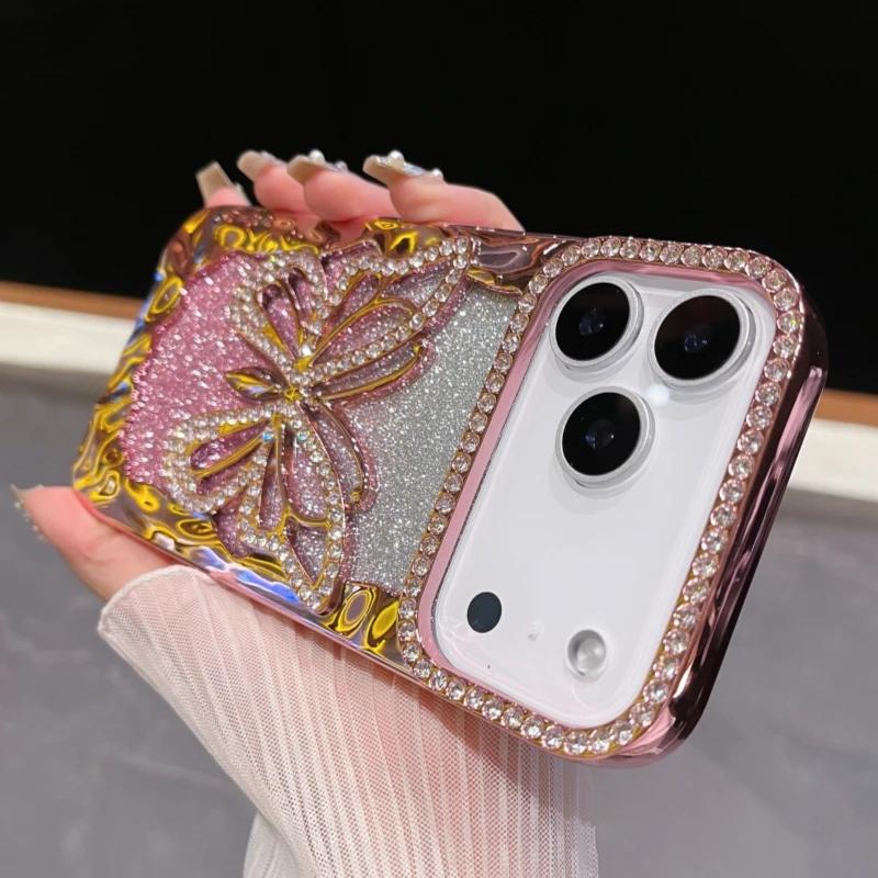 For iPhone 17 Pro Max Luxury Plating Frame Flash Diamond Butterfly Phone Case For iPhone 11 12 13 14 15 16 17 Protective Glitter Cover