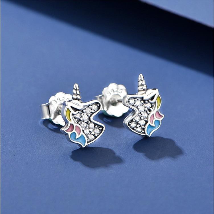 925 Sterling Silver Dazzling Unicorn Licorne Stud Earrings for Women Kids Wedding Gift Female Pendientes