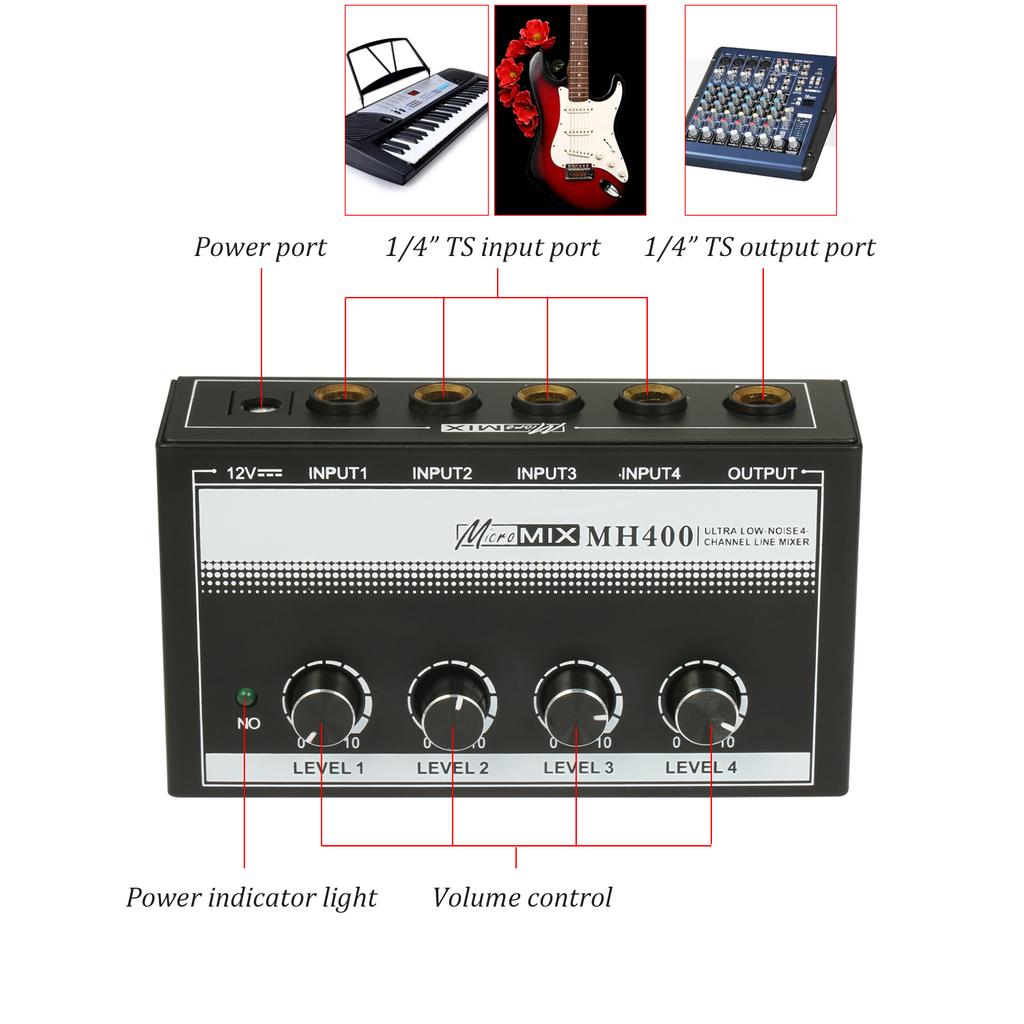 MH400 Ультрамалошумящий 4-канальный линейный микшер Мини-аудиомикшер с 1/4-дюймовыми входами TS и выходной громкостью
