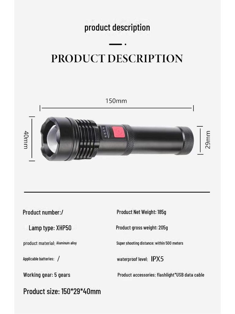 P50 Сверхъяркий Зум Фонарик: Высокомощный, Дальнобойный, Перезаряжаемый от USB, Портативный Ручной Фонарь для Активного Отдыха и Велоспорта